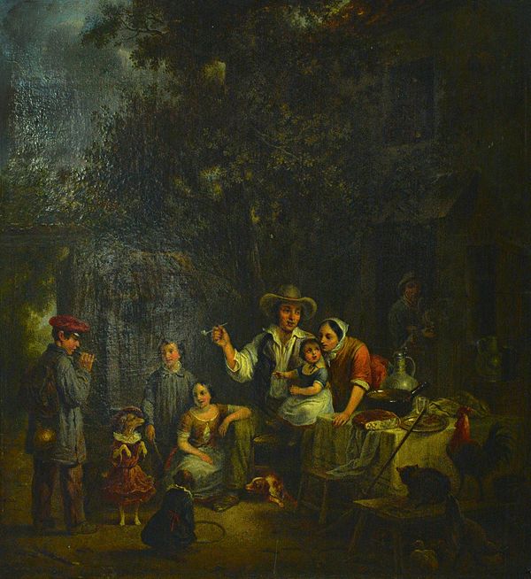 Jean Alphonse Roehn (1799-1864), A family welcoming for the returning traveller, oil on panel, unframed, 38cm x 35cm.  Illustrated