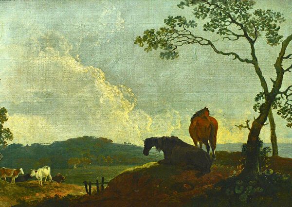 Attributed to Sawrey Gilpin (1733-1807), Horses and cattle in a landscape, oil on canvas, 51cm x 71cm.  Illustrated