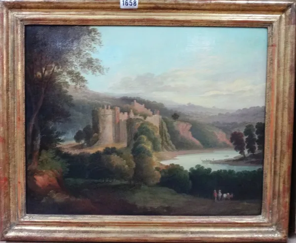 Circle of George Cuitt, A Capriccio landscape of a riverside castle, oil on canvas, 36cm x 46cm.