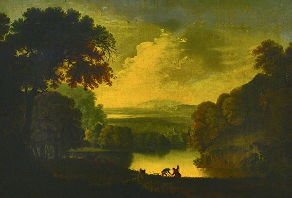 Circle of George Smith of Chichester, Two fishermen in a wooded lake landscape, oil on canvas, 42cm x 62cm.  Illustrated