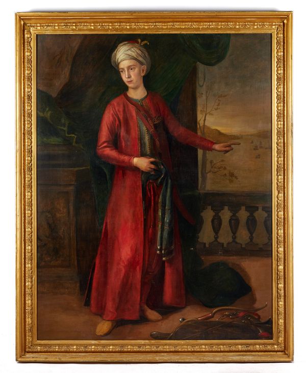 English School (18th century), Portrait of a gentleman, in Turkish dress, a view of Constantinople beyond, oil on canvas, 180cm x 138cm.  Illustrated