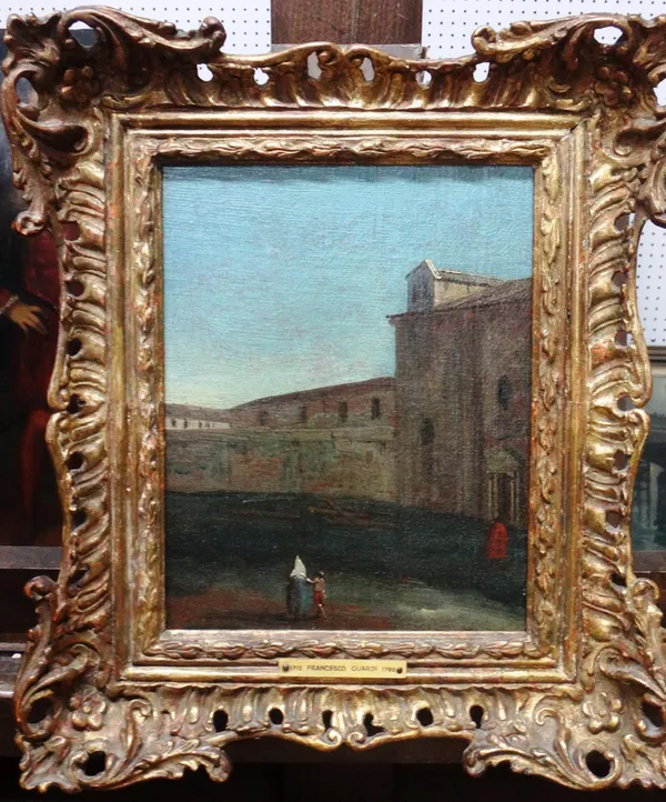 Manner of Francesco Guardi, Figures before an Italianate building, oil on canvas, 24cm x 17cm.