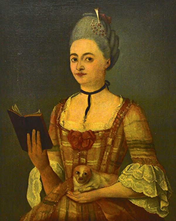 French Provincial School (18th century), Portrait of a lady with her pet dog, oil on canvas, 80cm x 65cm.  Illustrated