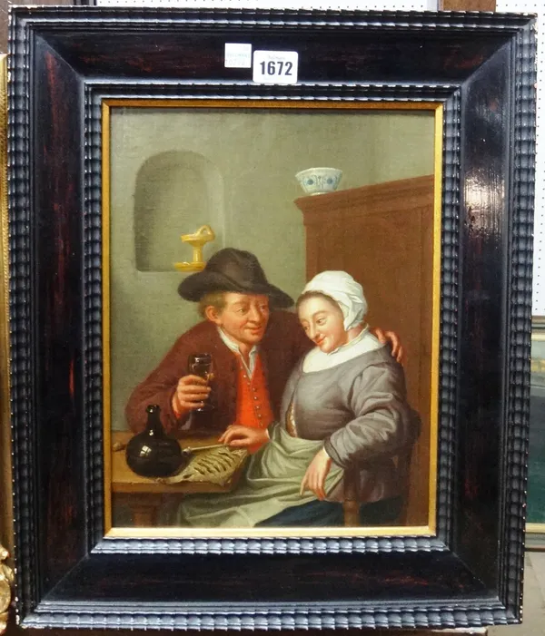 Dutch school (18th/19th century), A drink with the fish wife, oil on canvas laid on panel, 32cm x 23.5cm.