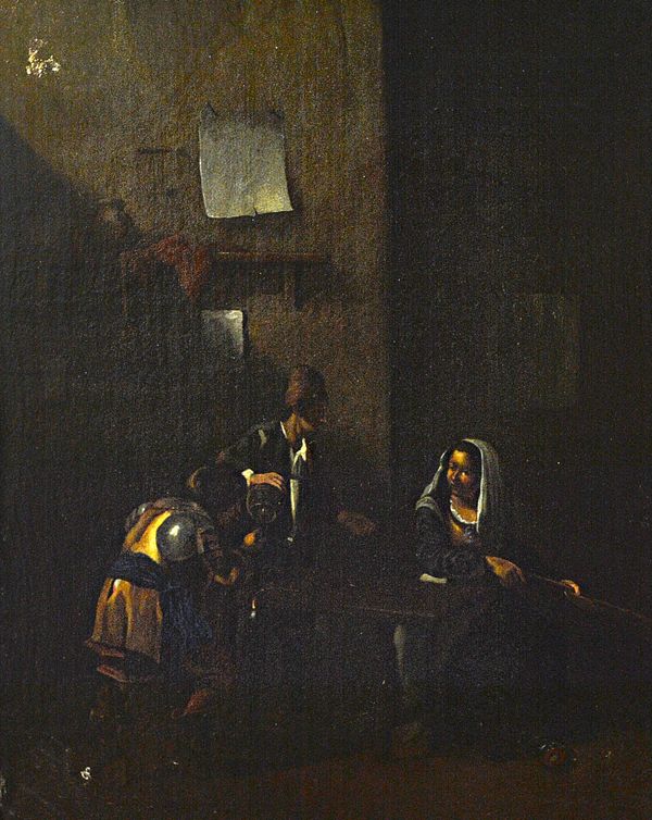 After Cornelis Bega, Figures in an interior, oil on canvas, 40cm x 32cm.  Illustrated