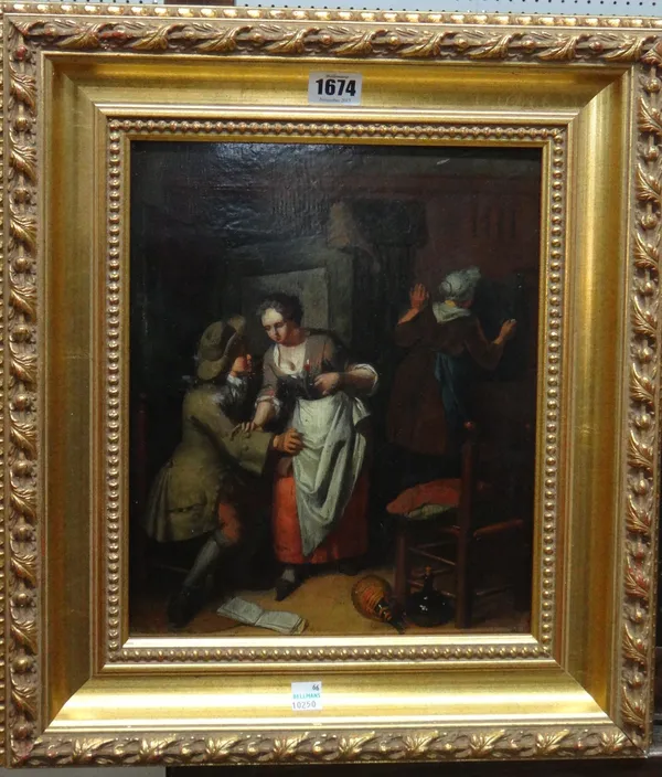 After Jan Steen, An unwanted flirtation, oil on panel, 30cm x 24cm.