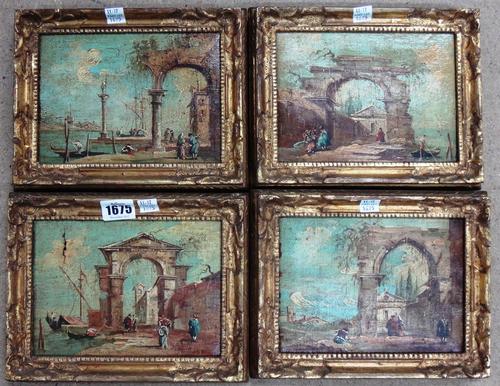 After Francesco Guardi, Four Capriccios, oil on canvas, each 13cm x 18cm. (4)