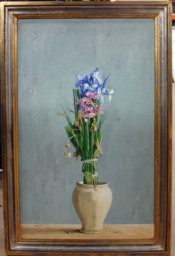 Paul Gilden (20th century), Still life of irises in a vase, oil on canvas, 72cm x 44cm.   D1