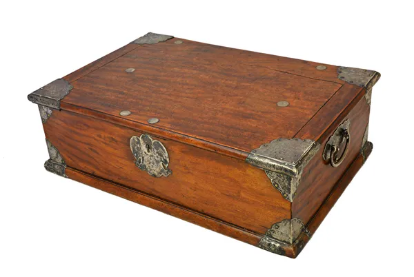 A late 17th/early 18th century Chinese hardwood and engraved paktong mounted writing box, possibly Huanghuali, of the style and form that were made fo
