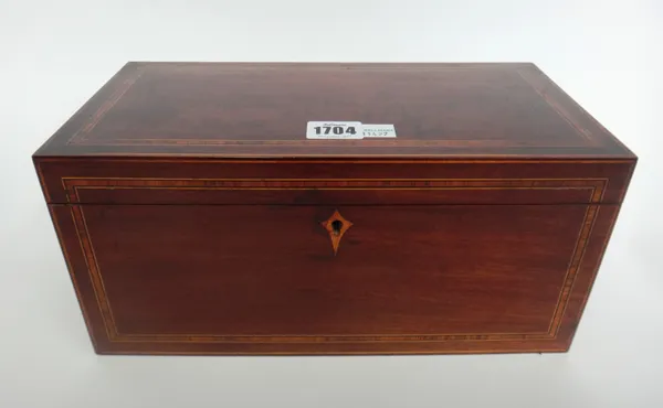 A Regency inlaid mahogany rectangular tea caddy, with twin lidded interior, 31cm wide x 15cm high x 15cm deep.