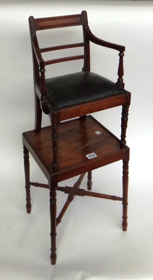 A 19th century Regency style miniature tradesman/apprentice mahogany child's chair and stand, on turned supports, 29cm wide x 78cm high x 26cm deep.