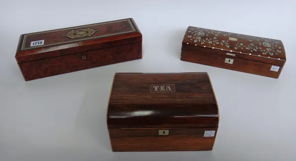 A 19th century brass inlaid amboyna glove box, 31cm wide, a similar mother-of-pearl inlaid glove box, 26cm wide, and a rosewood twin division tea cadd