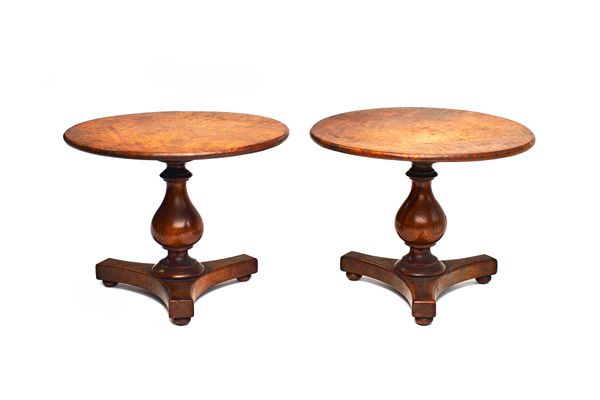 A pair of William IV style miniature satinwood circular breakfast tables, each on baluster column and triform platform, 17cm diameter x 13cm high, (2)