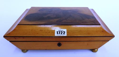 A 19th century Continental birch shallow sarcophagus jewellery box, transfer printed with a gambling scene after Caravaggio 'The cardsharps', 30cm wid