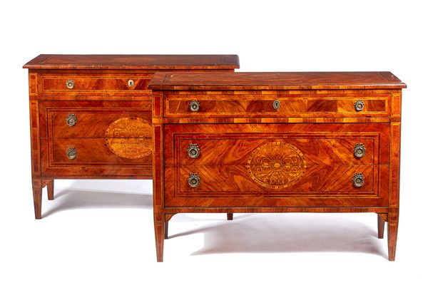 After Giuseppe Maggiolini; a pair of Italian marquetry inlaid walnut commodes, 19th century, each with three long graduated drawers, on tapering squar