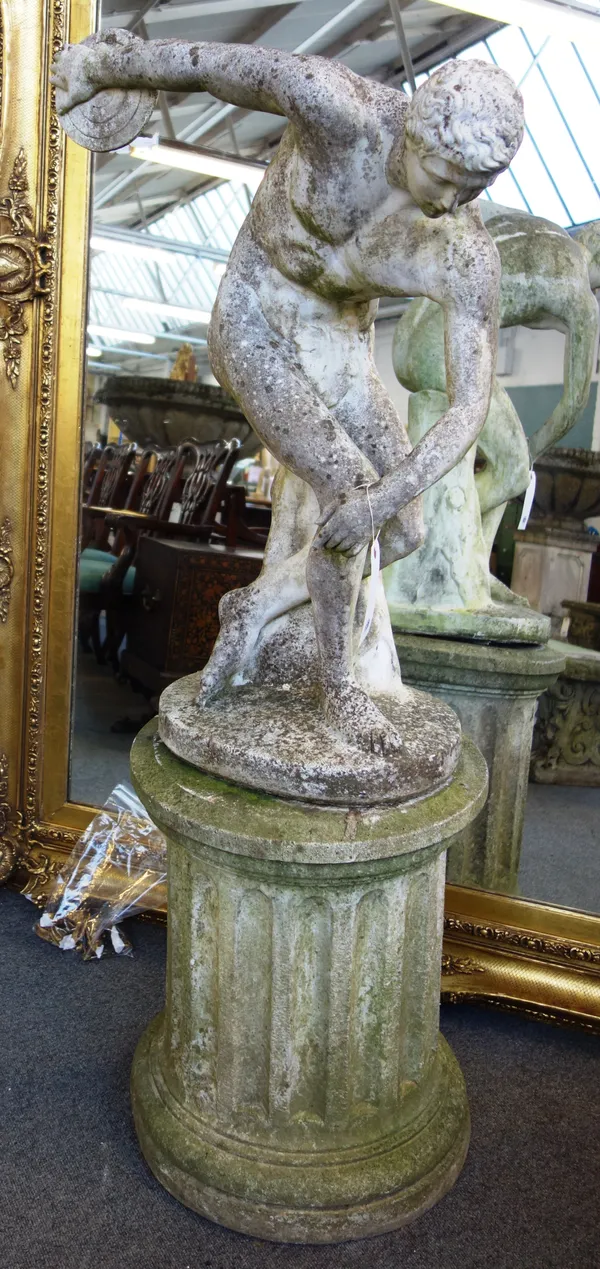 After the Antique, a reconstituted stone figure group of a discus thrower, on a fluted circular pedestal, 150cm high.