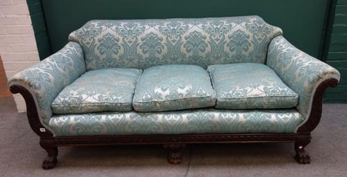 An 18th century style mahogany framed three piece suite, comprising; a sofa 198cm wide x 83cm high x 92cm deep, and a pair of armchairs 95cm wide x 83