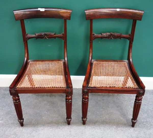 A set of six William IV rosewood dining chairs, each with opposing tulip carved waist rail and straight front seat, on tapering reeded supports, 46cm