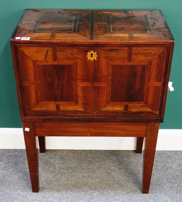 A late 17th century Dutch colonial rosewood table cabinet, the fall front revealing a fitted nine drawer interior, on later stand, the cabinet, 64cm w