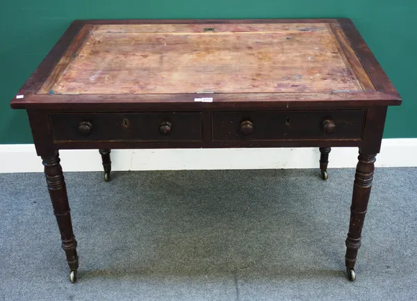 A late George III mahogany architect's table, the angle adjustable top over a pair of frieze drawers, on turned supports, 112cm wide x 72cm high x 76c