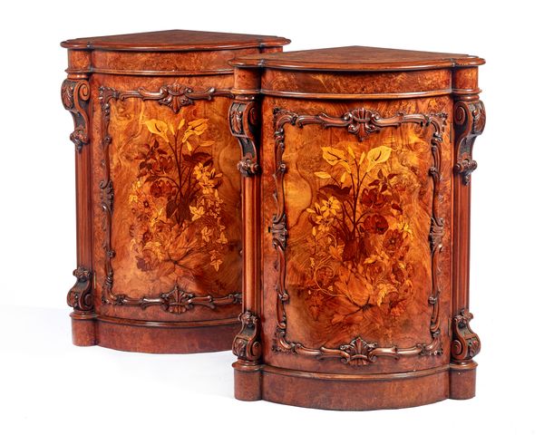 A pair of 19th century specimen wood floral marquetry inlaid bowfront corner cabinets, with scroll carved mounts 70cm x 93cm high x 52cm deep, (2).  I