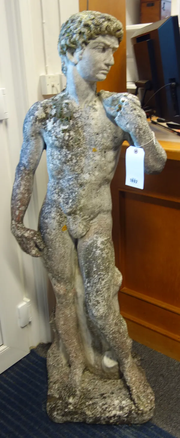 After Michelangelo; a reconstituted stone figure of David, 48cm wide x 130cm high.
