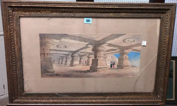 English school 19th century, Figures in a North African temple, watercolour, indistinctly signed with monogram and dated 1878, 19.4cm x 44cm.   A6