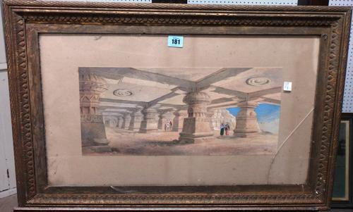 English school 19th century, Figures in a North African temple, watercolour, indistinctly signed with monogram and dated 1878, 19.4cm x 44cm.   A6