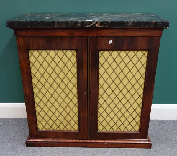 A William IV side cabinet, the rectangular marble top over a rosewood base with pair of brass grille doors, on plinth base, 93cm wide x 90cm high x 42