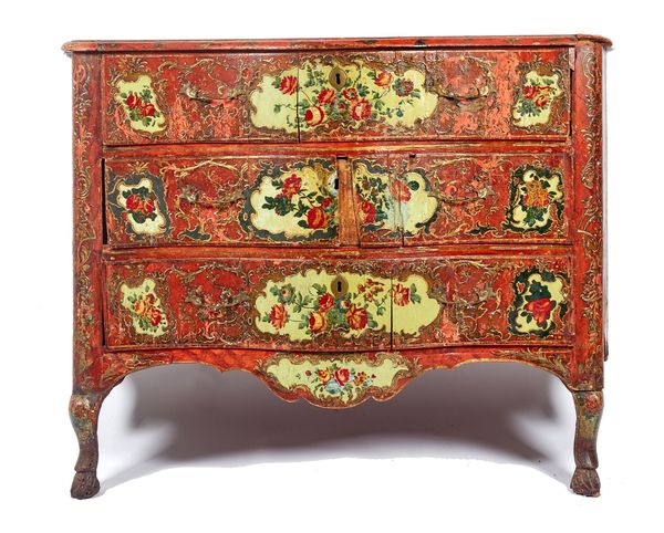 An 18th century Sicilian polychrome painted and scarlet lacquered serpentine three drawer commode, on tall hoof feet, 141cm wide x 104cm high x 60cm d
