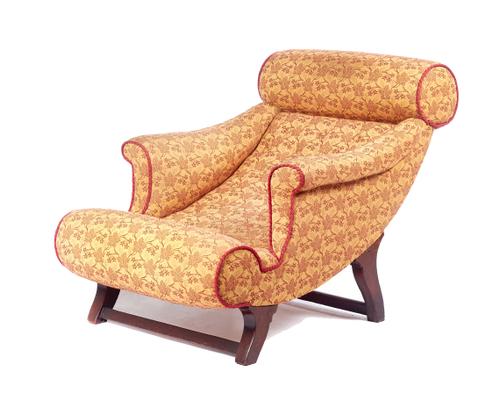 William Birch; a Victorian scroll back easy armchair, on squat sabre supports, stamped to back leg WB 81(?), 75cm wide x 78cm high x 110cm deep.  Illu