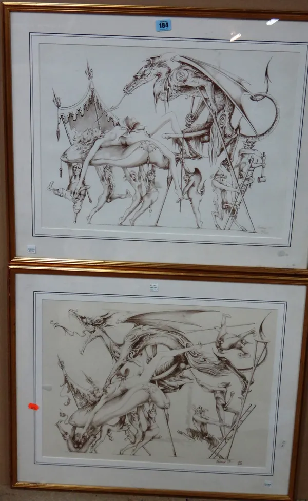 Feilding (20th century), Fantasy erotic scenes, a pair of prints, both signed, dated '73 and numbered, each 40cm x 54cm.   A6