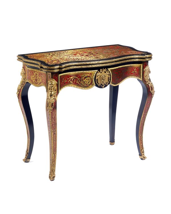 A Napoleon III gilt metal mounted Boulle work card table, with serpentine foldover top, on cabriole supports, 88cm wide x 78cm high x 45cm deep.  Illu