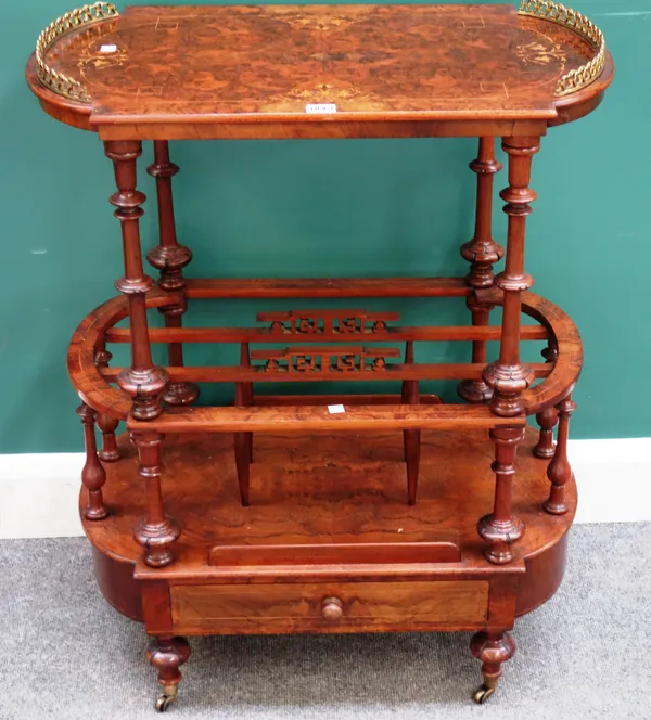 A Victorian marquetry inlaid walnut Canterbury whatnot, with galleried upper tier over three division Canterbury and single drawer, on turned feet, 68