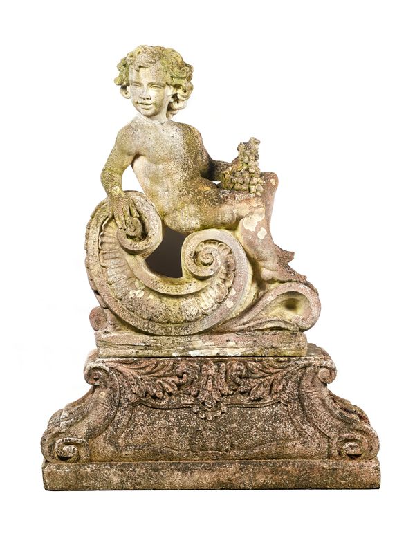 A set of four reconstituted figures of the four seasons, modelled as cherubs sat on a 'C' scroll and shaped foliate cast base, 99cm wide x 35cm deep x