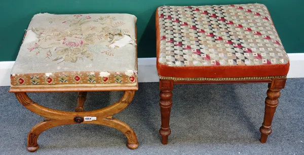 A Victorian satin birch 'X' frame footstool, with square tapestry top, 50cm wide x 43cm high, together with another square footstool on turned mahogan