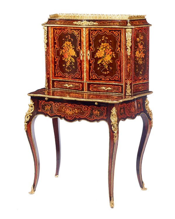 A 19th century French marquetry inlaid gilt metal mounted rosewood bonheur du jour, with pair of serpentine cupboards over two short and one long draw