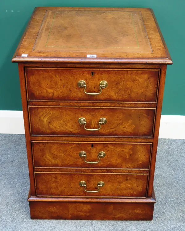 An 18th century style pollard oak two drawer pedestal with leather inset top, 55cm wide x 77cm high x 62cm deep.