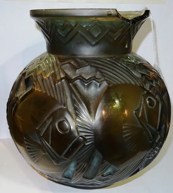 A Davison 'Poissons' Art Deco smoky glass vase, circa 1930, signed to base, (a.f), 27cm high. CAB