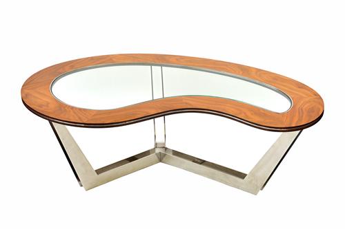Linley, 20th century; a kidney shaped coffee table, the walnut halo ring with inset glass panel, on a polished steel base, 120cm wide x 40cm high x 72