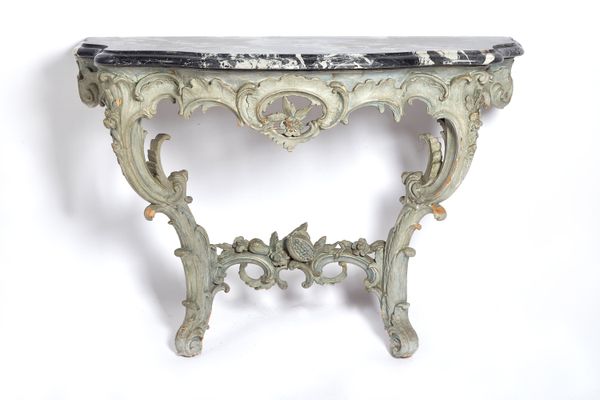 A 19th century console table, the serpentine marble top over a grey painted carved wood base with opposing 'C' scroll supports, 111cm wide x 76cm high