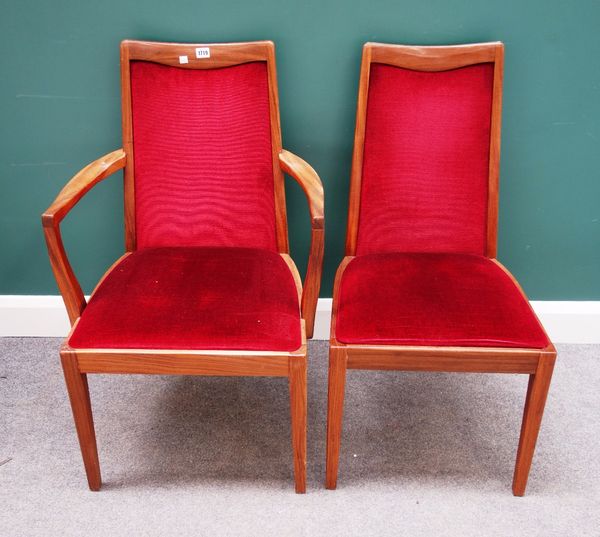 G Plan; a set of ten 20th century teak framed dining chairs on tapering square supports, to include two carvers, (10).