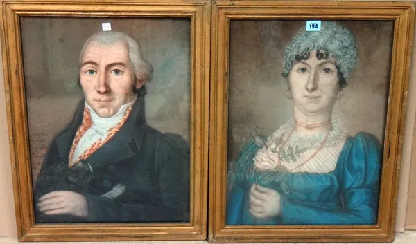 Joseph Ange Augustin (early 19th century), Portrait of a lady; Portrait of a gentleman, a pair, pastel, both signed and dated 1810, each 49cm x 36.5cm