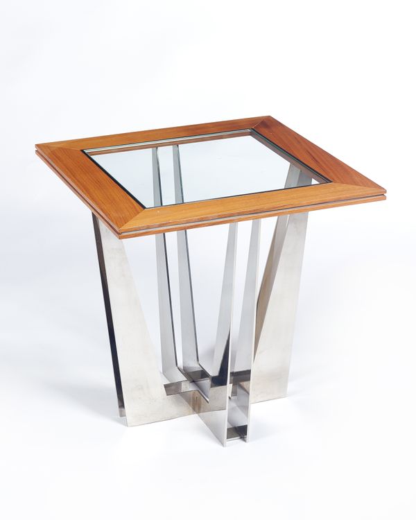 Linley, 20th century; an occasional table, the square top with inset glass panel, on a polished steel base, 50cm wide x 50cm high.  Illustrated