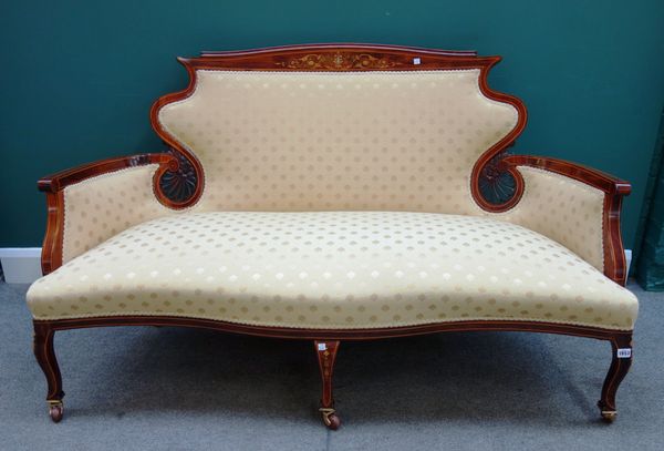 A late Victorian marquetry inlaid rosewood tub back sofa, with serpentine seat on squat cabriole supports, 153cm wide x 90cm high x 70cm deep.