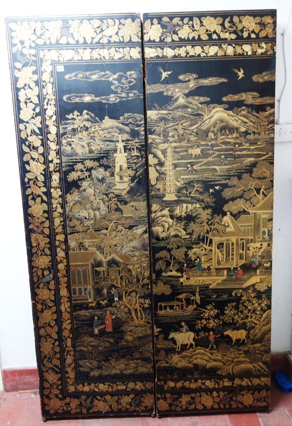 A 19th century Chinese chinoiserie decorated gilt and black lacquer eight-fold draught screen, 456cm wide x 197cm high.