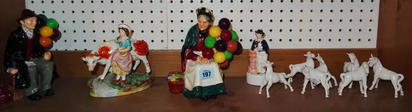 Ceramic figures, including; two Stafford style figures, two Doulton figures ('The Balloon Seller' and 'Balloon Man'), and seven Chinese style white gl