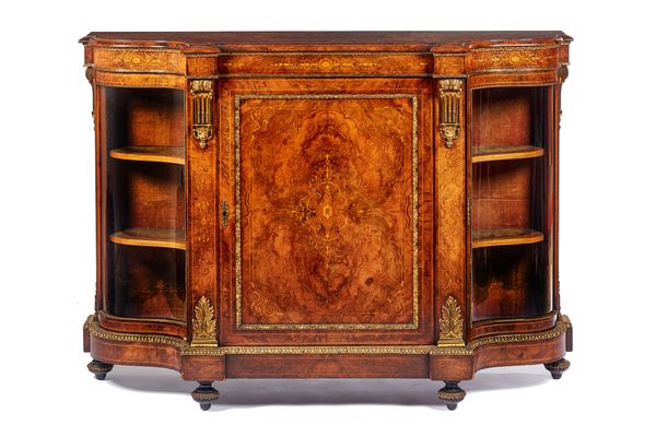 A Victorian gilt metal mounted marquetry inlaid figured walnut credenza, with central panel door flanked by glazed serpentine doors, 151cm wide x 110c