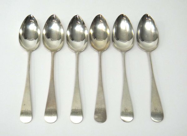 Two Scottish silver dessert spoons, Glasgow 1841 and four further silver dessert spoons, all engraved with the initial W, possibly provincial or colon