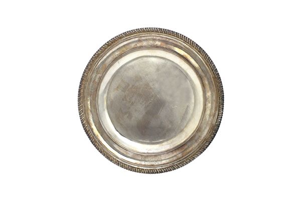 A George II silver small side dish, of circular form, decorated with a gadrooned rim, engraved with an armorial, detailed underneath No 60  20 = 9, by